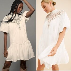 Anthropologie High Neck Lace Tunic Mini Dress Medium White Lace Ethereal Dainty